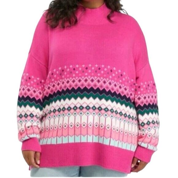 Crown & Ivy Pink Knit Ski Sweater Oversized New Size Large - Picture 1 of 11